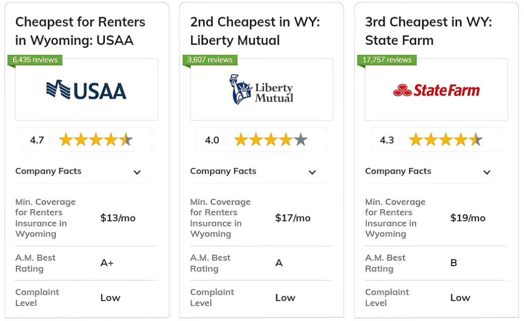 USAA, Lberty Mutual and State Farm: Best and Cheapest Renters Insurance in Wyoming