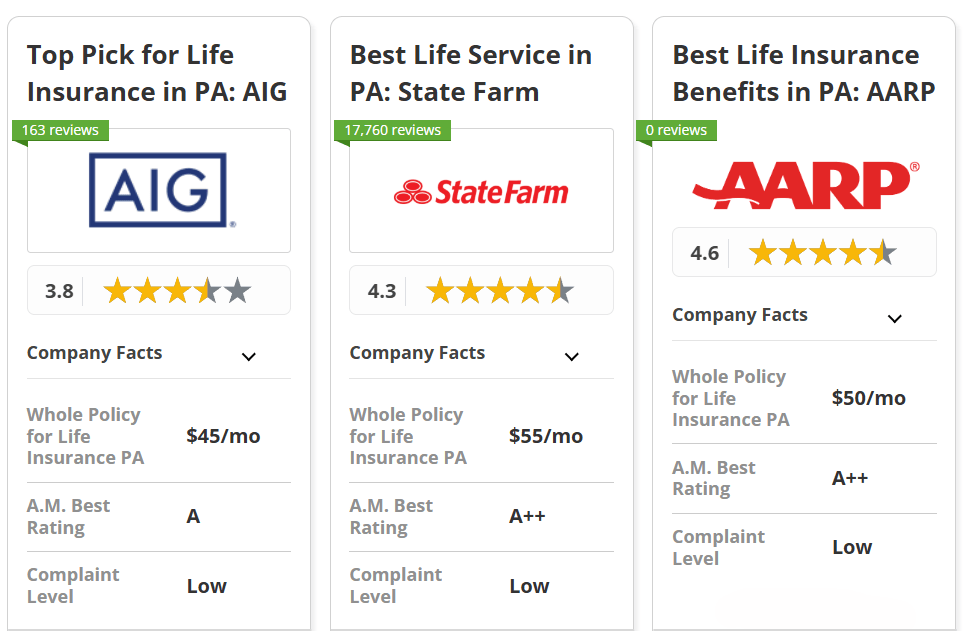 AIG, State Farm and AARP: Best Life Insurance in Pennsylvania